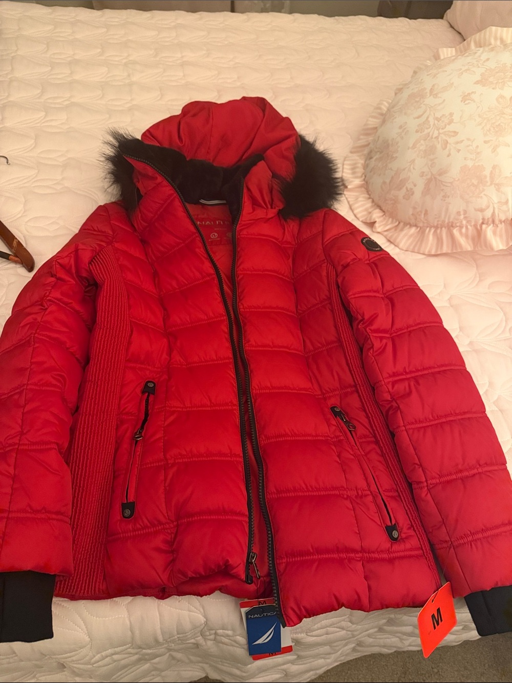 Nautica Women's Bright Red Quilted Hooded Puffer with Faux Fur Trim